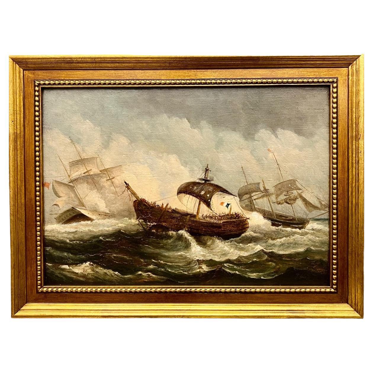 19th Century Oil Marine Painting of a Naval Battle For Sale