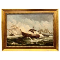Antique 19th Century Oil Marine Painting of a Naval Battle