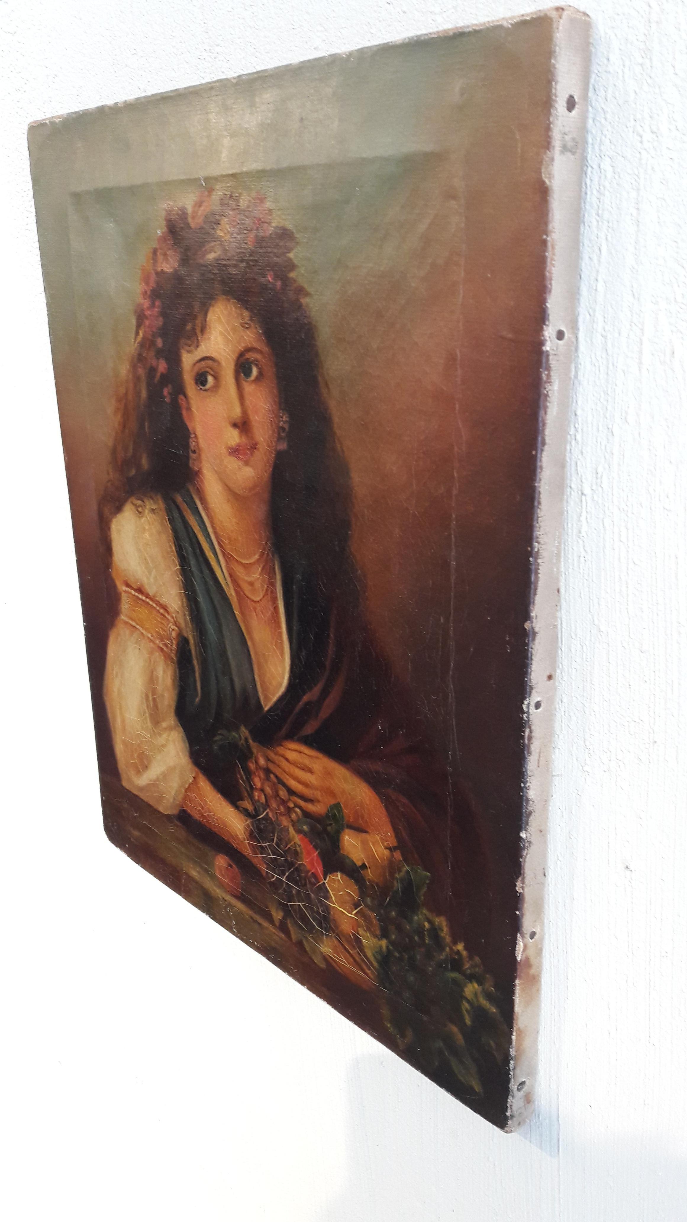 Smooth oil on canvas of a Mediterranean lady. There is a signature on the left corner: P. R?