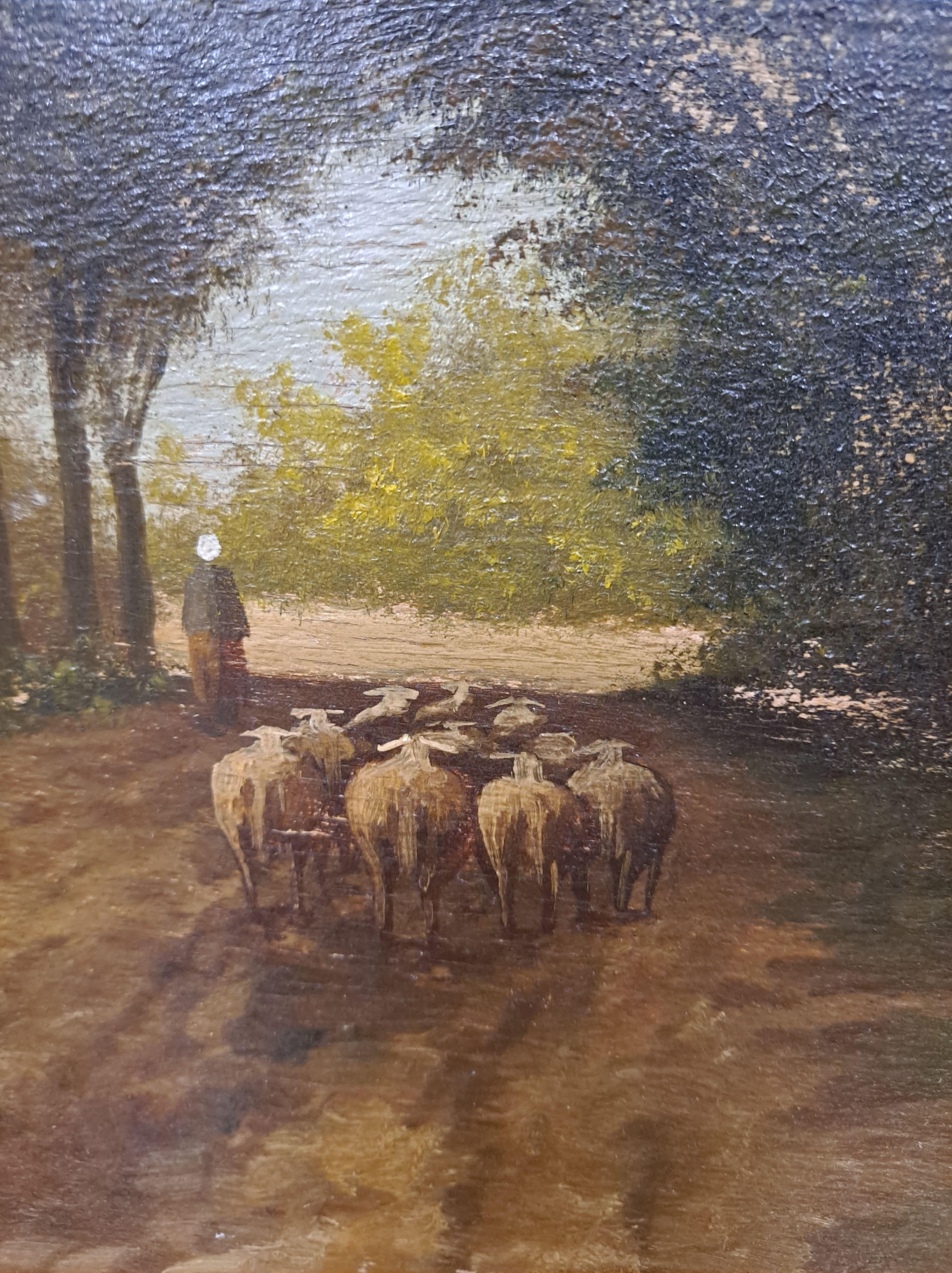 19th century oil oil on canvas Shepherd with flock of sheep In Fair Condition For Sale In San Francisco, CA