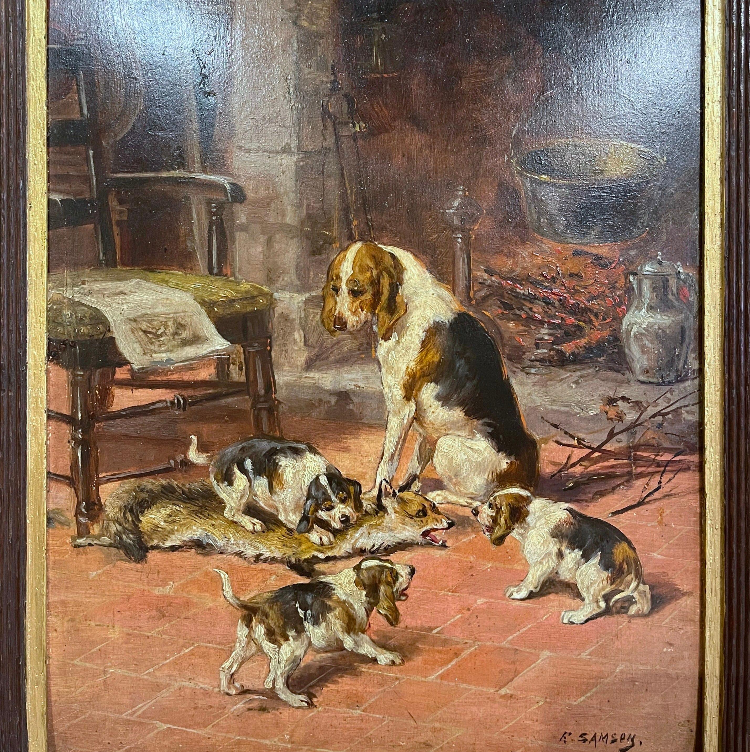 French 19th Century Oil on Board Beagle Painting in Carved Frame Signed E. Samson