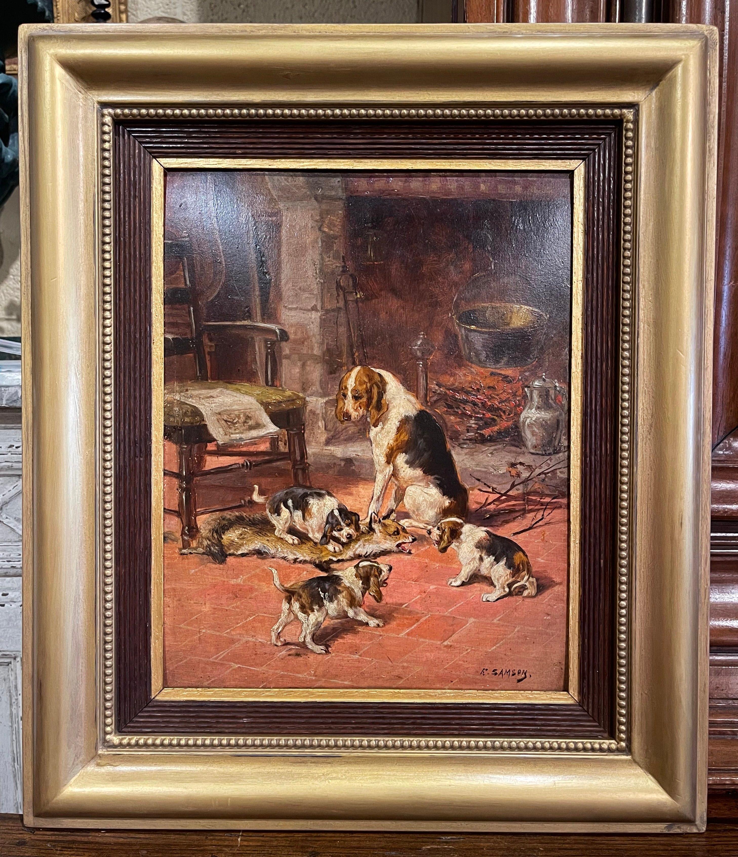 19th Century Oil on Board Beagle Painting in Carved Frame Signed E. Samson In Excellent Condition In Dallas, TX