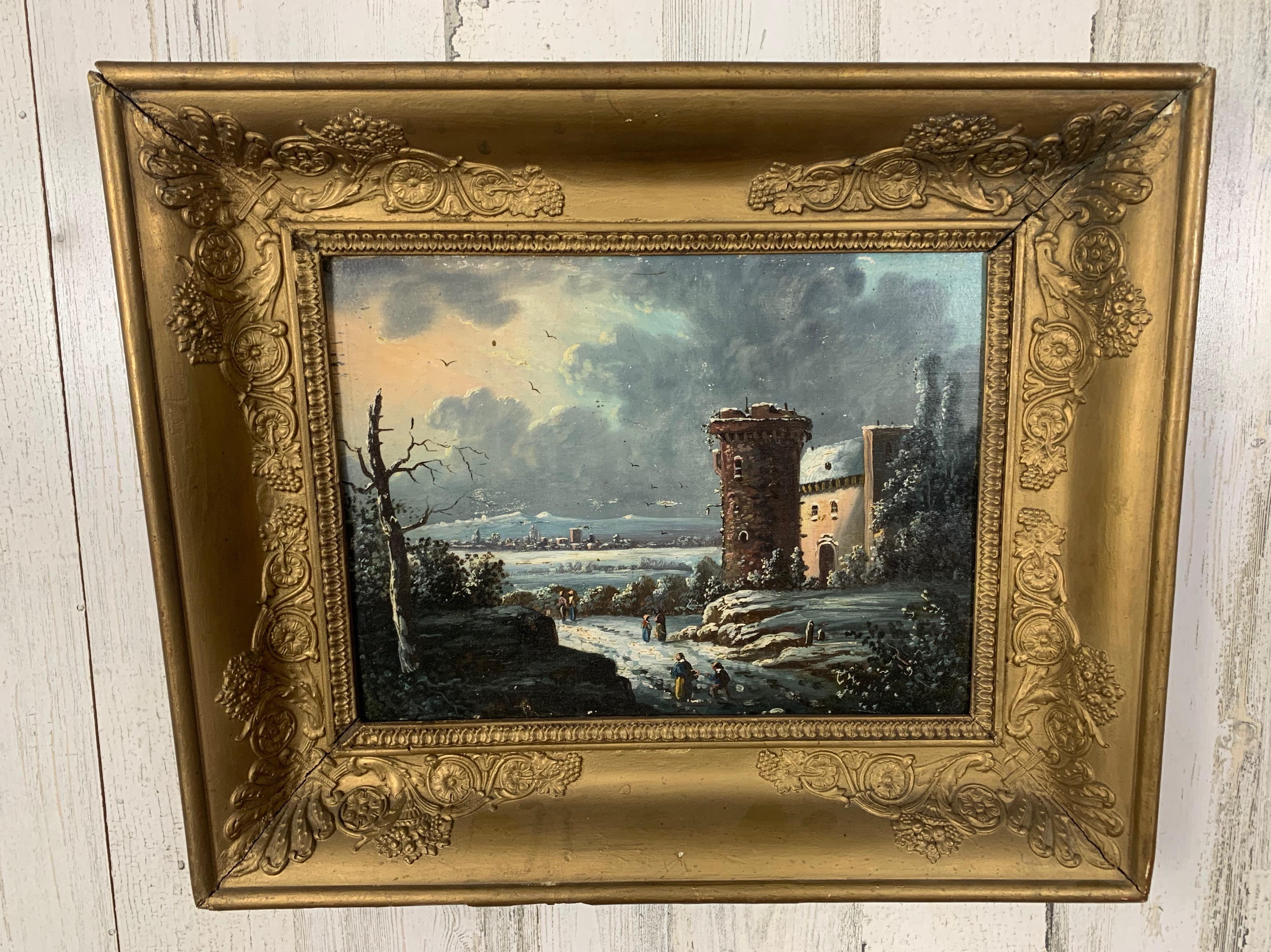 Antico dipinto a olio su tavola del XIX secolo raffigurante un castello con villaggio sullo sfondo.