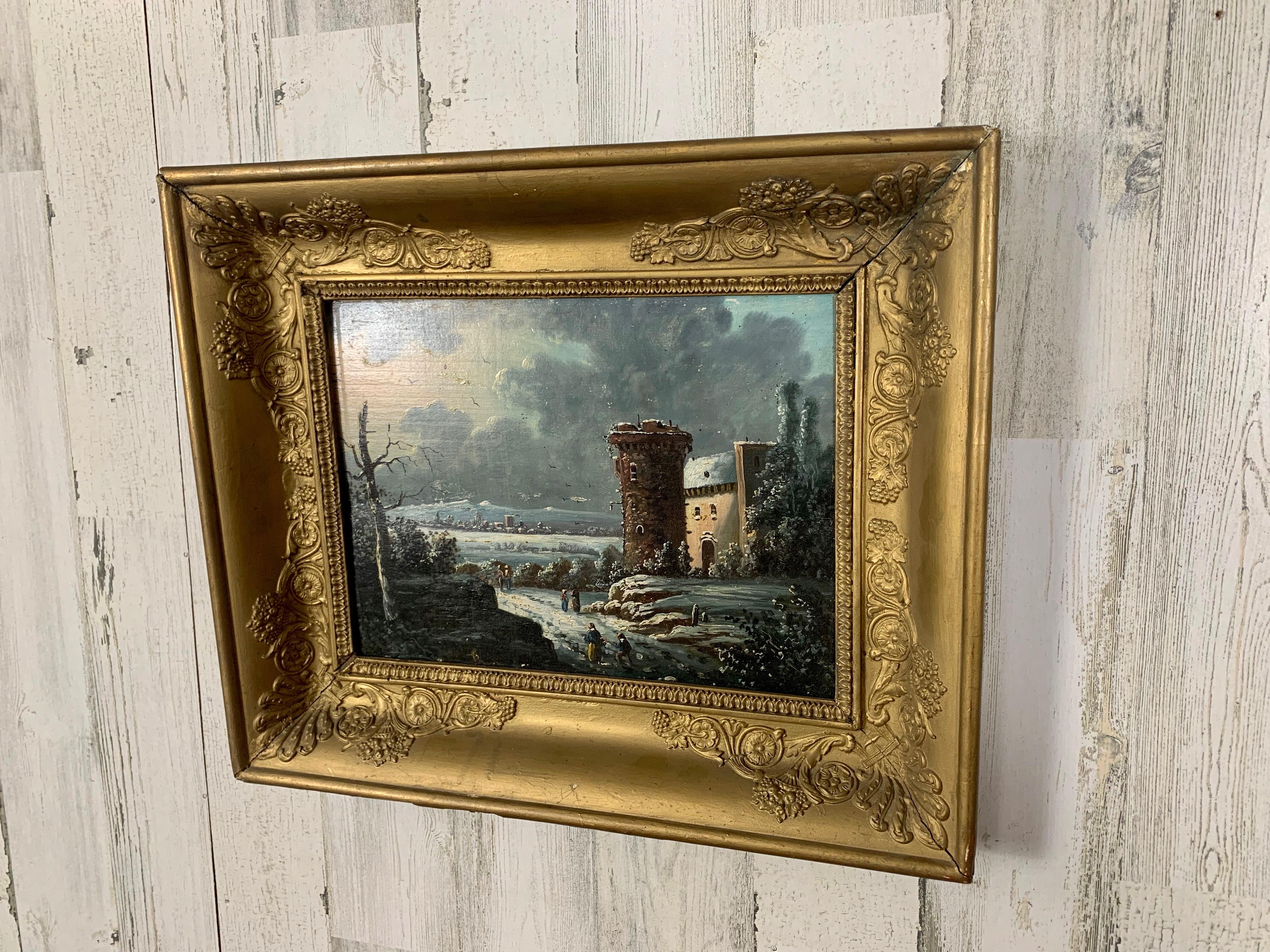 Francese Pittura del castello olio su tavola del XIX secolo in vendita
