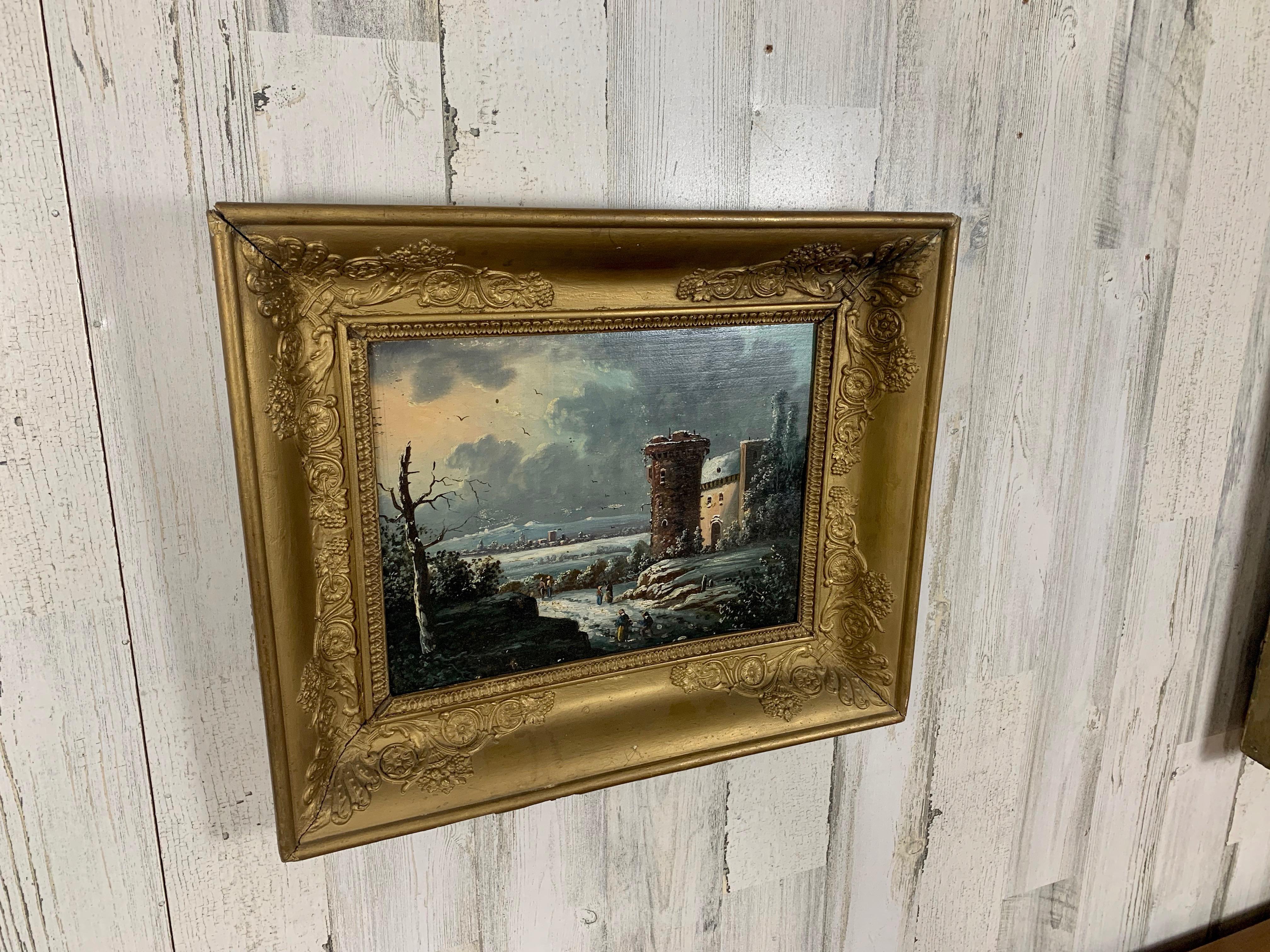 Pittura del castello olio su tavola del XIX secolo In condizioni buone in vendita a Denton, TX