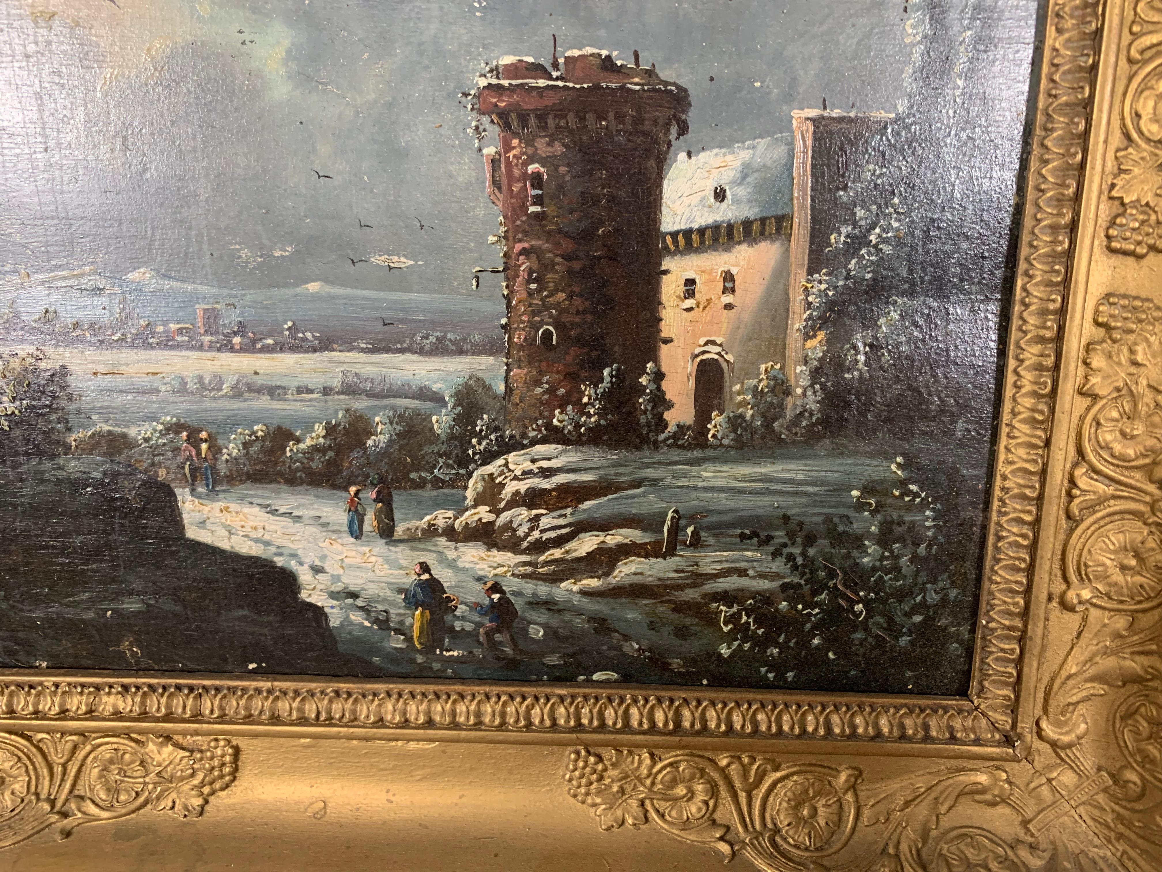 Pittura del castello olio su tavola del XIX secolo in vendita 1
