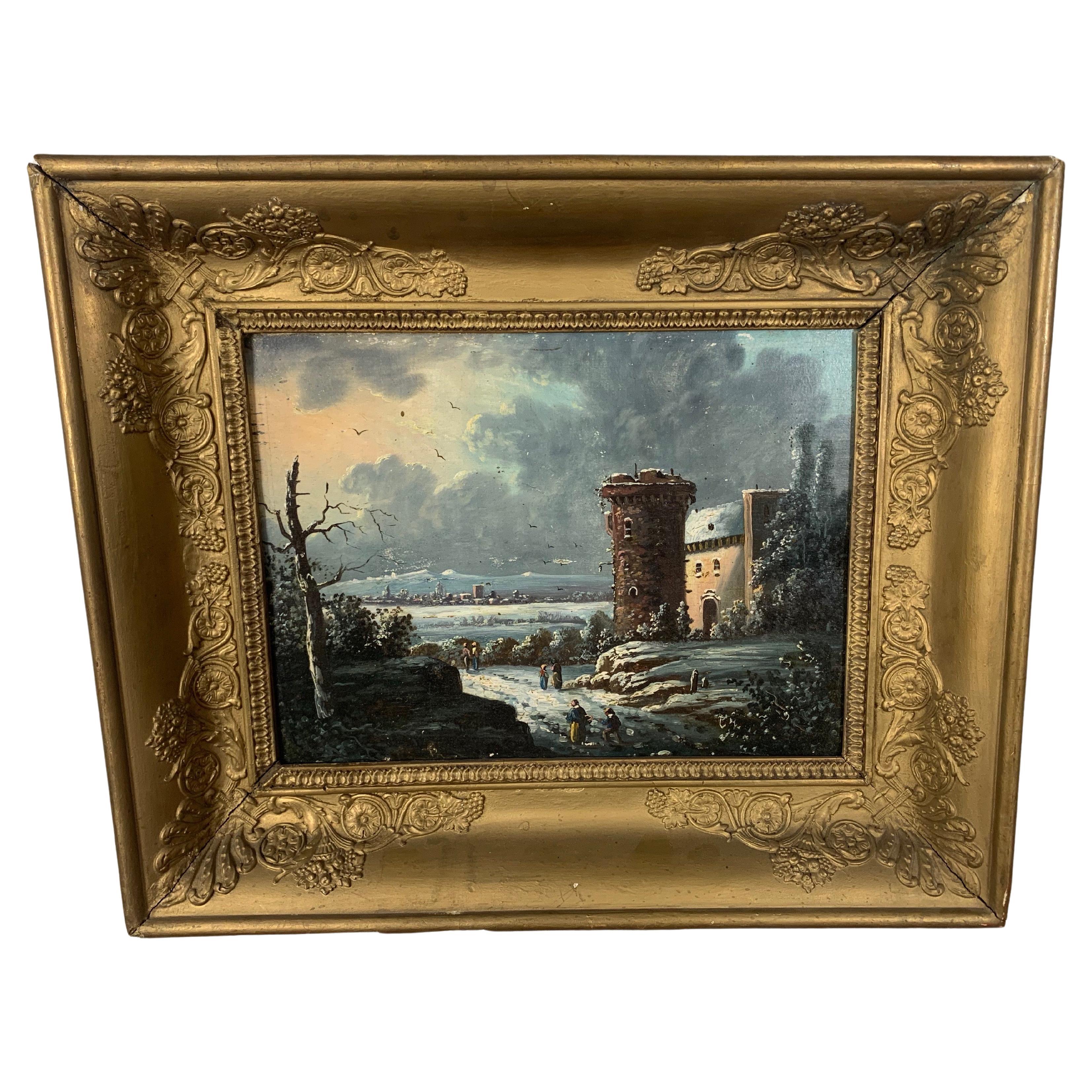 Pittura del castello olio su tavola del XIX secolo