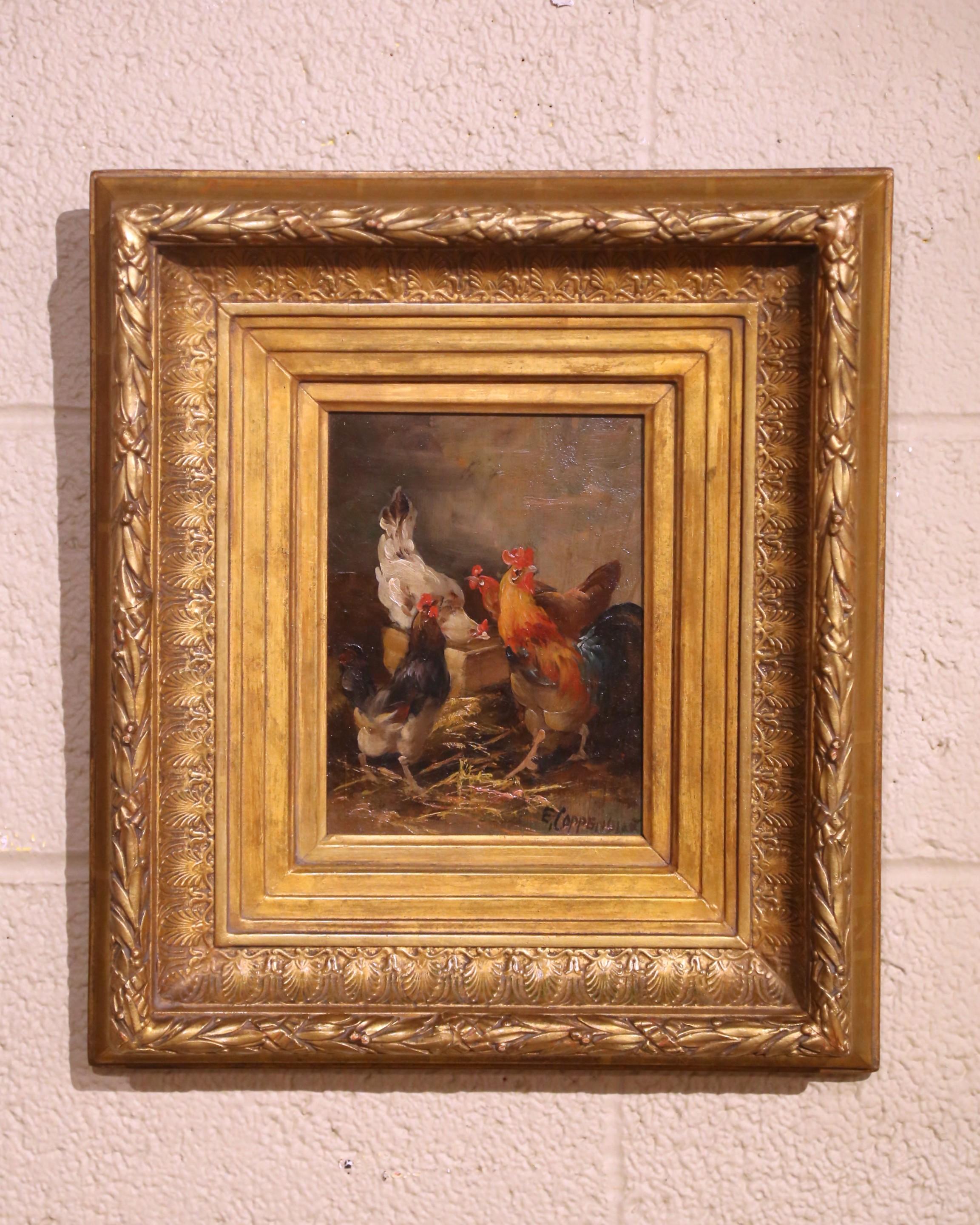 Peinture à l'huile sur panneau du 19ème siècle dans un cadre doré signé E. Coppenolle Excellent état - En vente à Dallas, TX