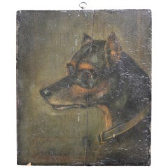 Antique 19th Century Oil on Board, English Toy Terrier Dog Folk Art