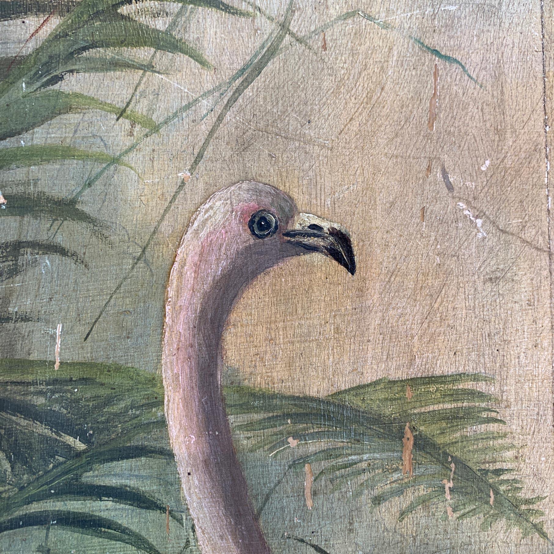 19th Century Oil on Board Flamingos in the Tropics 4