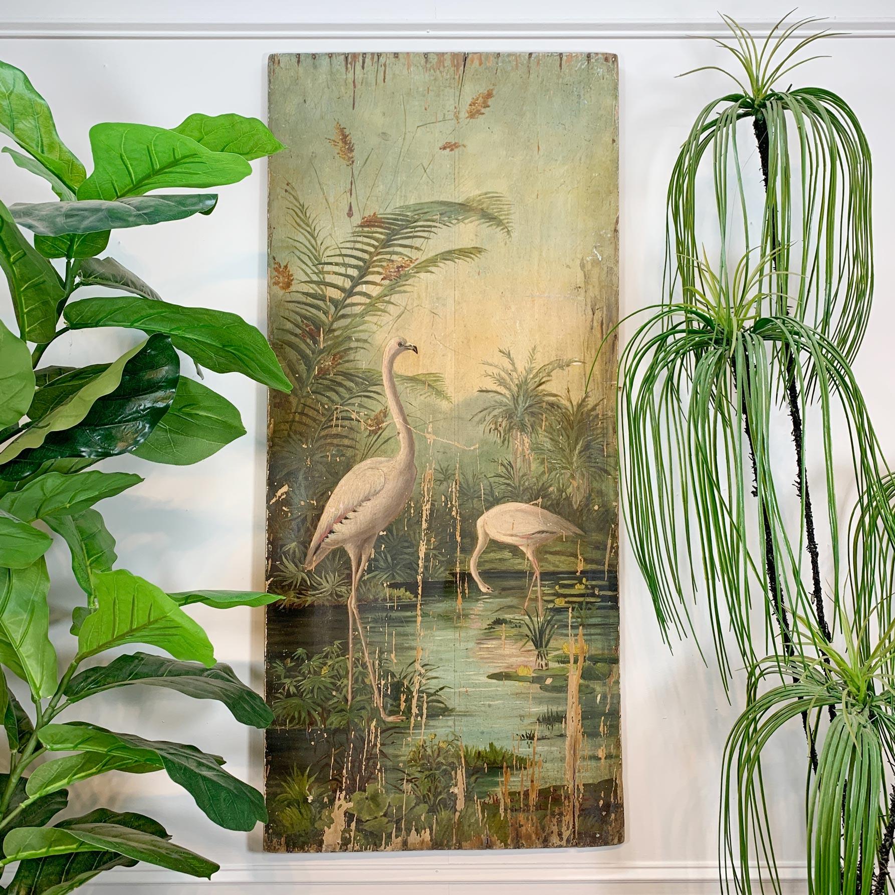 Beautifully painted study of a pair of Flamingos against a tropical setting, possibly the American everglades or Florida Keys, painted on board, signed and dated to the right corner but paint loss has made this impossible to decipher.

Obvious signs