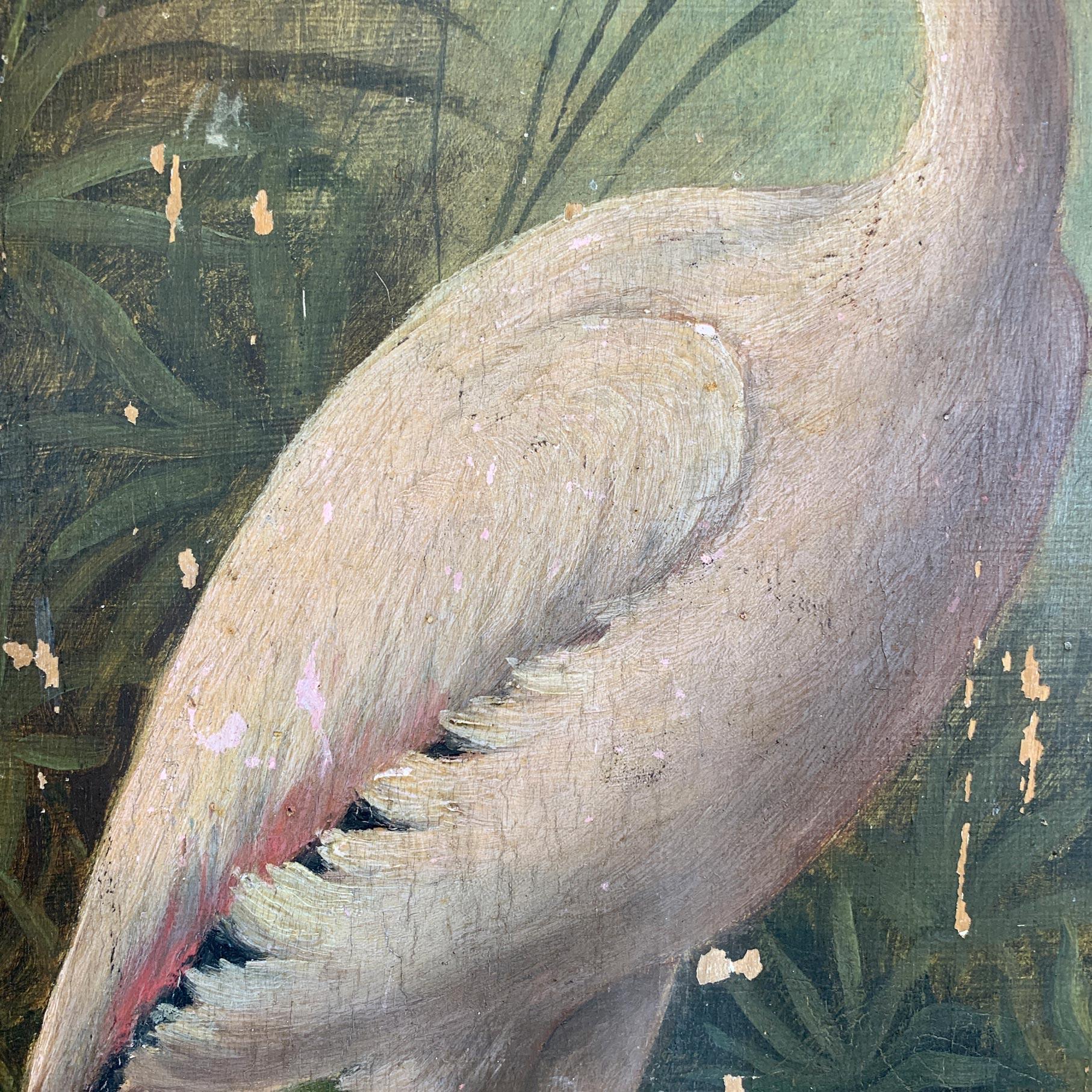 Art Nouveau 19th Century Oil on Board Flamingos in the Tropics For Sale