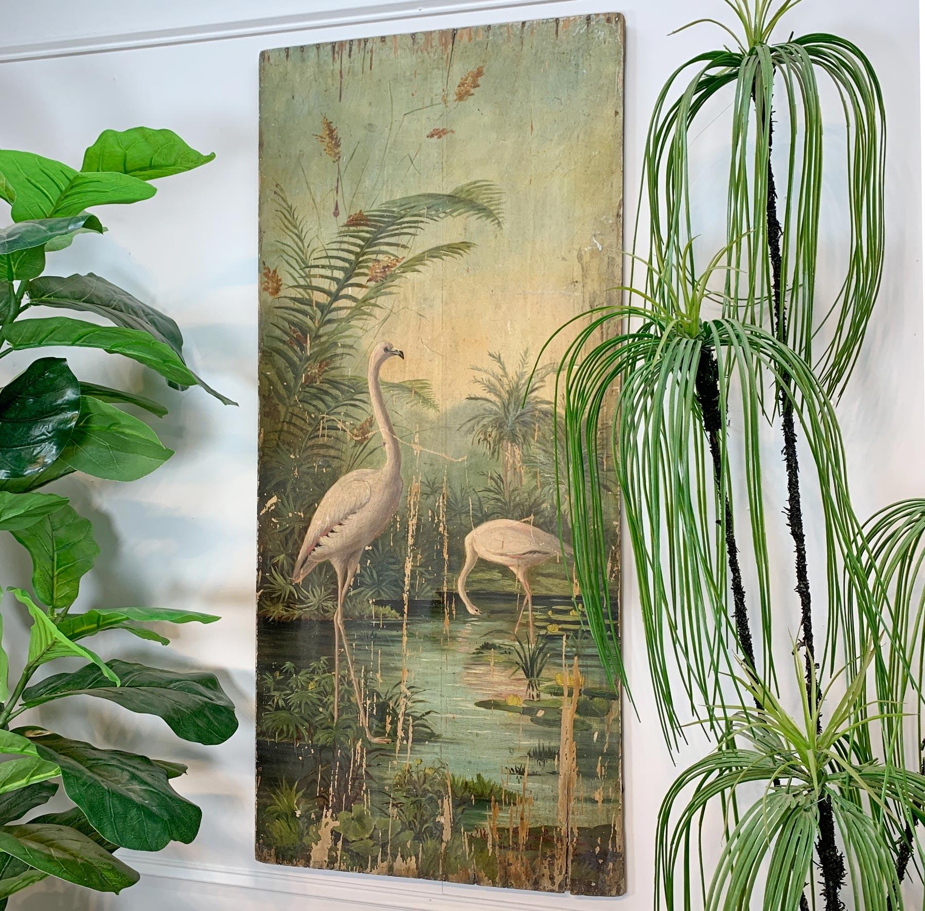 American 19th Century Oil on Board Flamingos in the Tropics For Sale