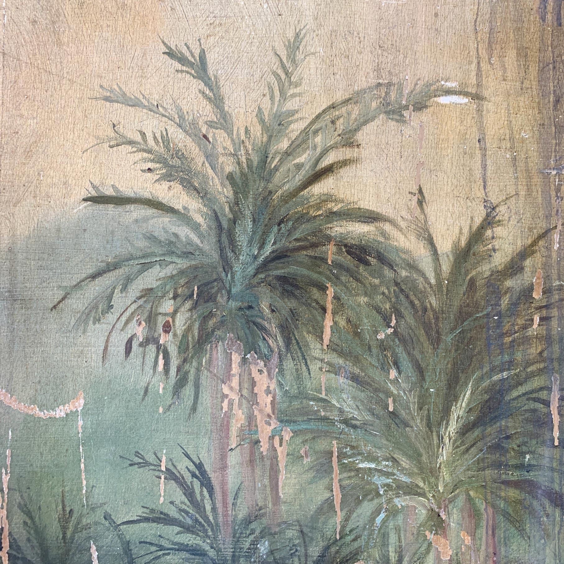 Peint à la main Huile sur carton du 19e siècle Flamants roses sous les tropiques en vente