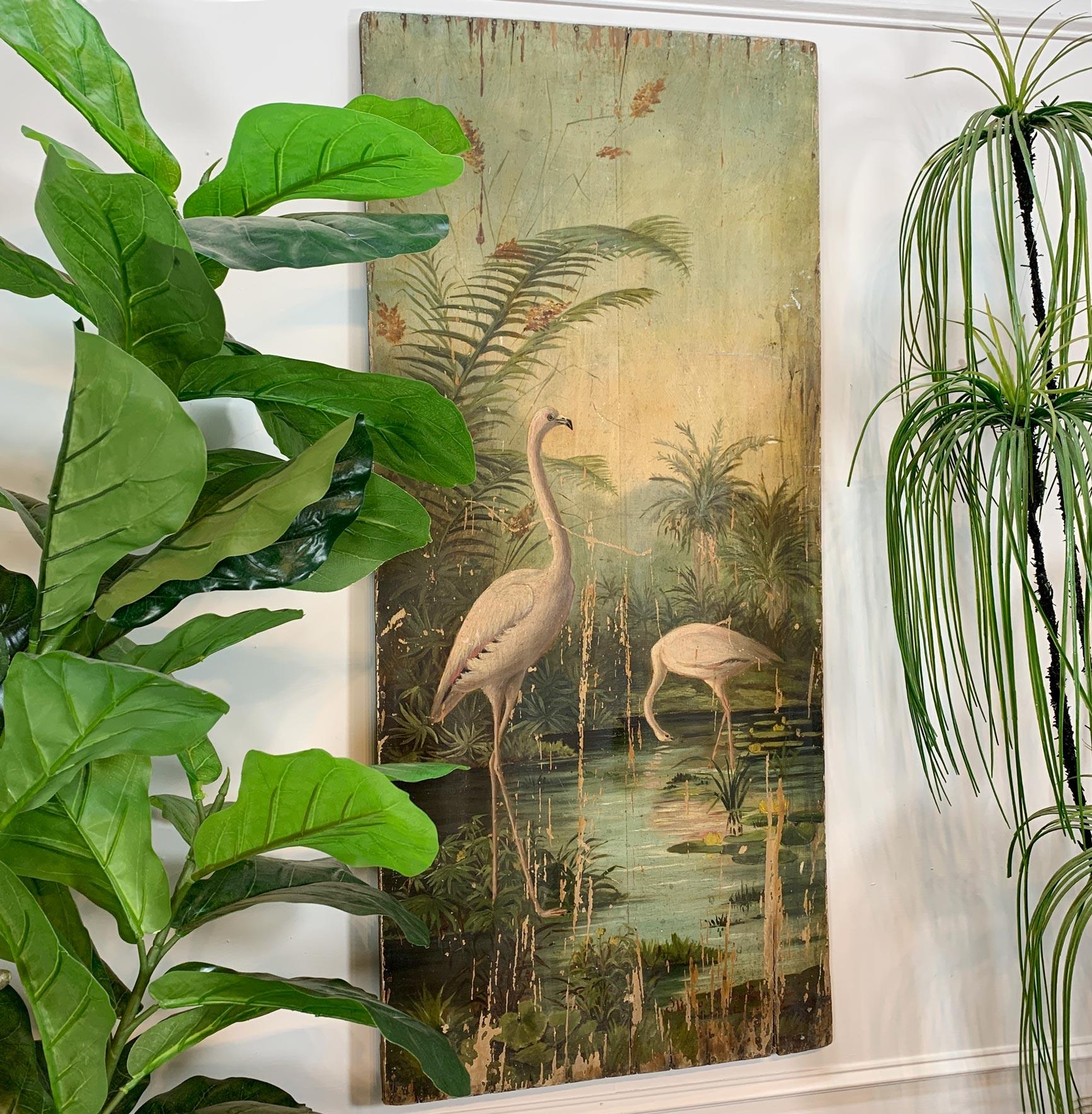 Wood 19th Century Oil on Board Flamingos in the Tropics For Sale