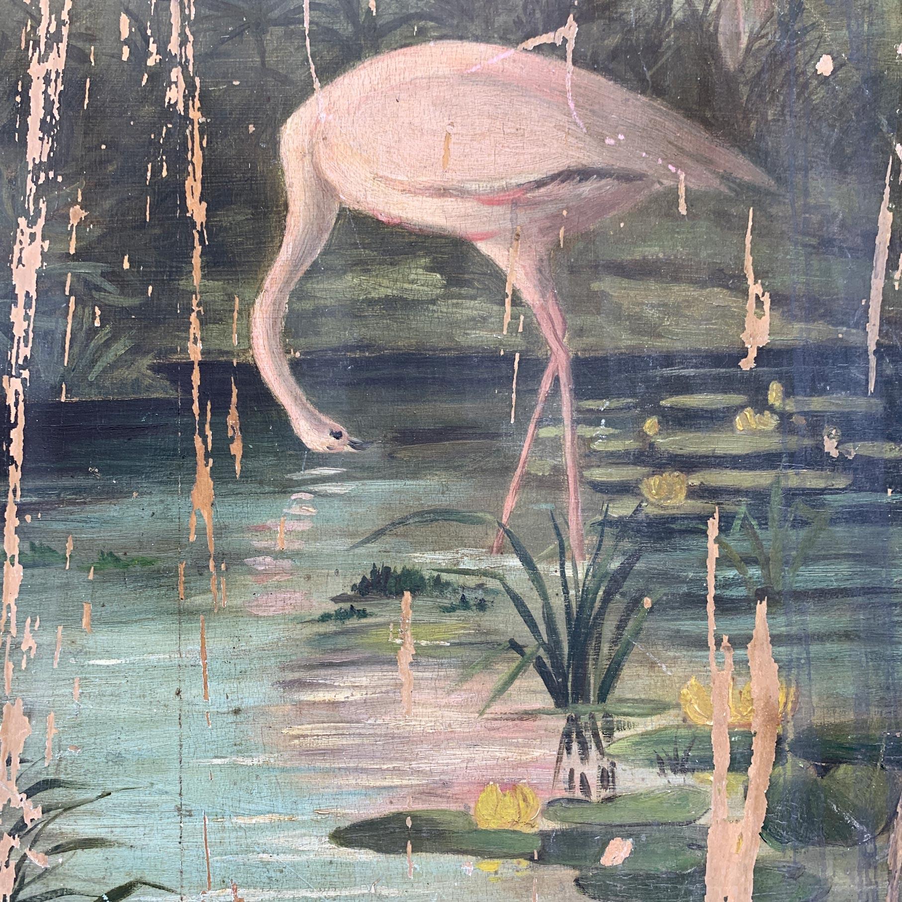 19th Century Oil on Board Flamingos in the Tropics 1