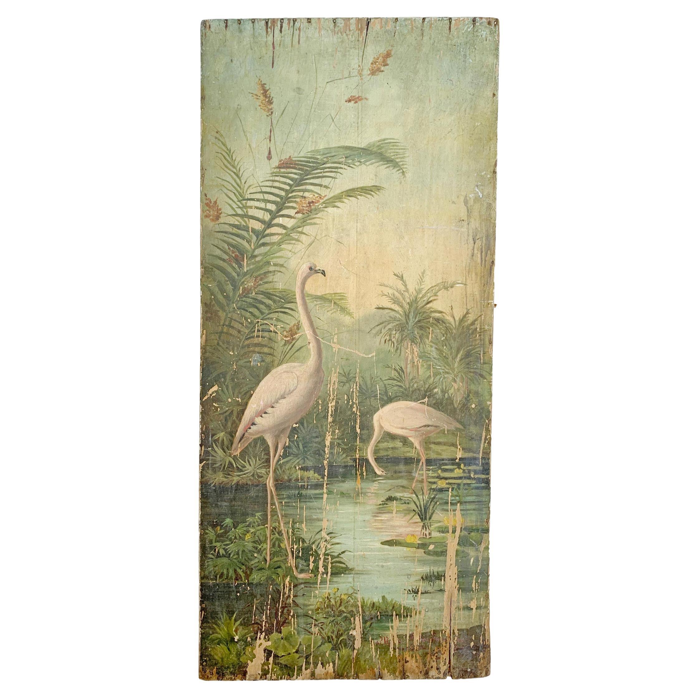 19th Century Oil on Board Flamingos in the Tropics