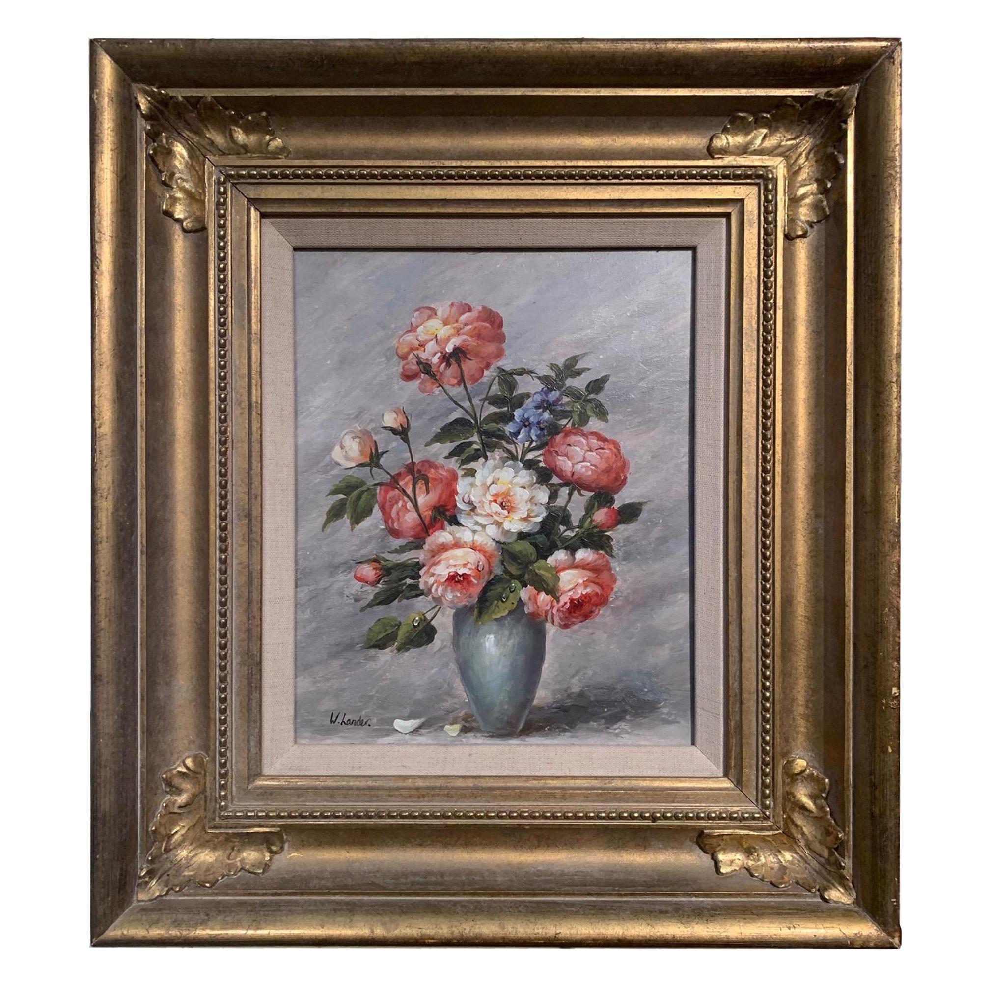 19th Century Oil on Board, "Flowers" Signed W. Lander, English
