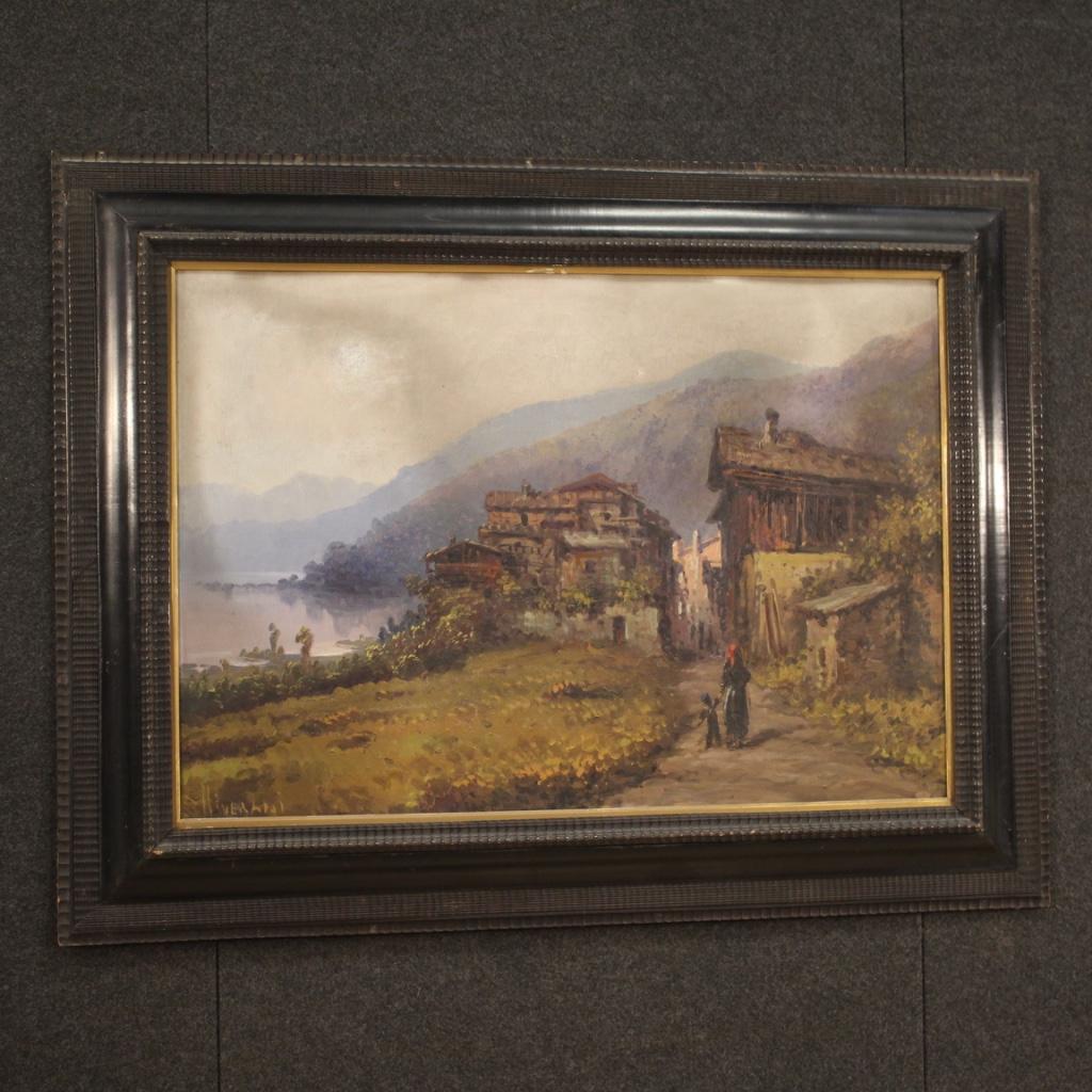 19th Century Oil on Board Italian Antique Signed Landscape Painting, 1860 For Sale 4