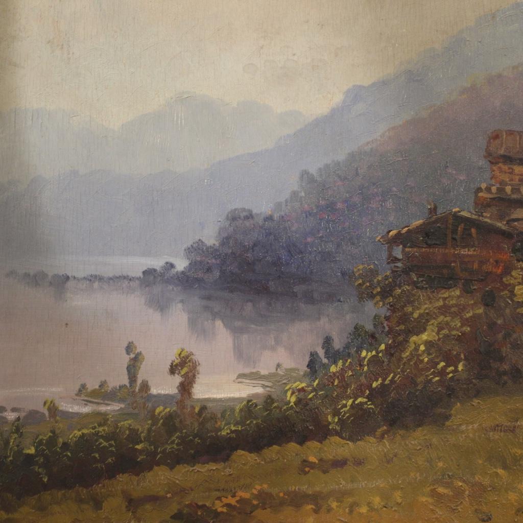 Wood 19th Century Oil on Board Italian Antique Signed Landscape Painting, 1860 For Sale