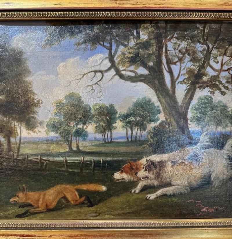 Unknown 19th Century Oil on Board Landscape Painting Depicting Dogs Chasing Fox For Sale
