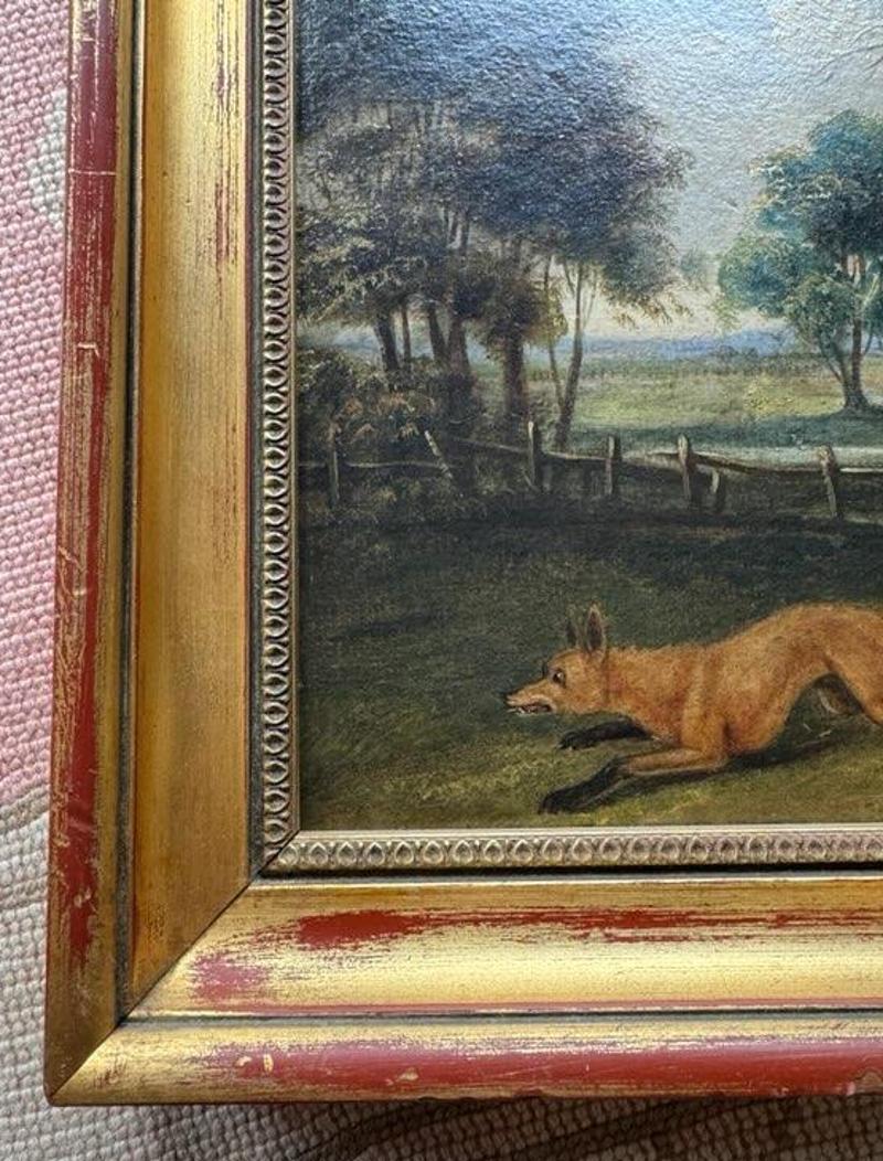 Hand-Painted 19th Century Oil on Board Landscape Painting Depicting Dogs Chasing Fox For Sale