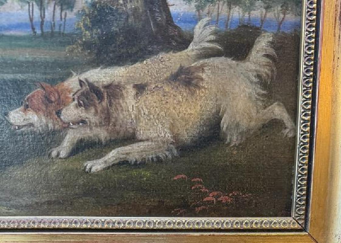 19th Century Oil on Board Landscape Painting Depicting Dogs Chasing Fox In Good Condition For Sale In Middleburg, VA