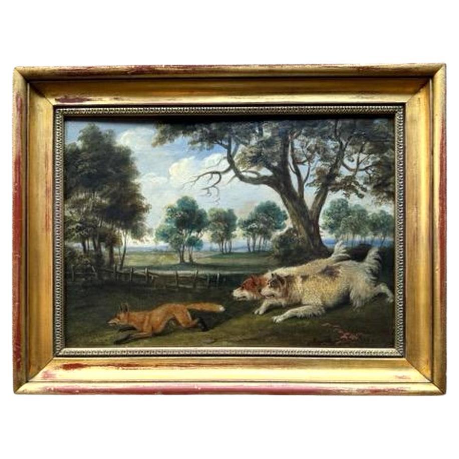 19th Century Oil on Board Landscape Painting Depicting Dogs Chasing Fox For Sale