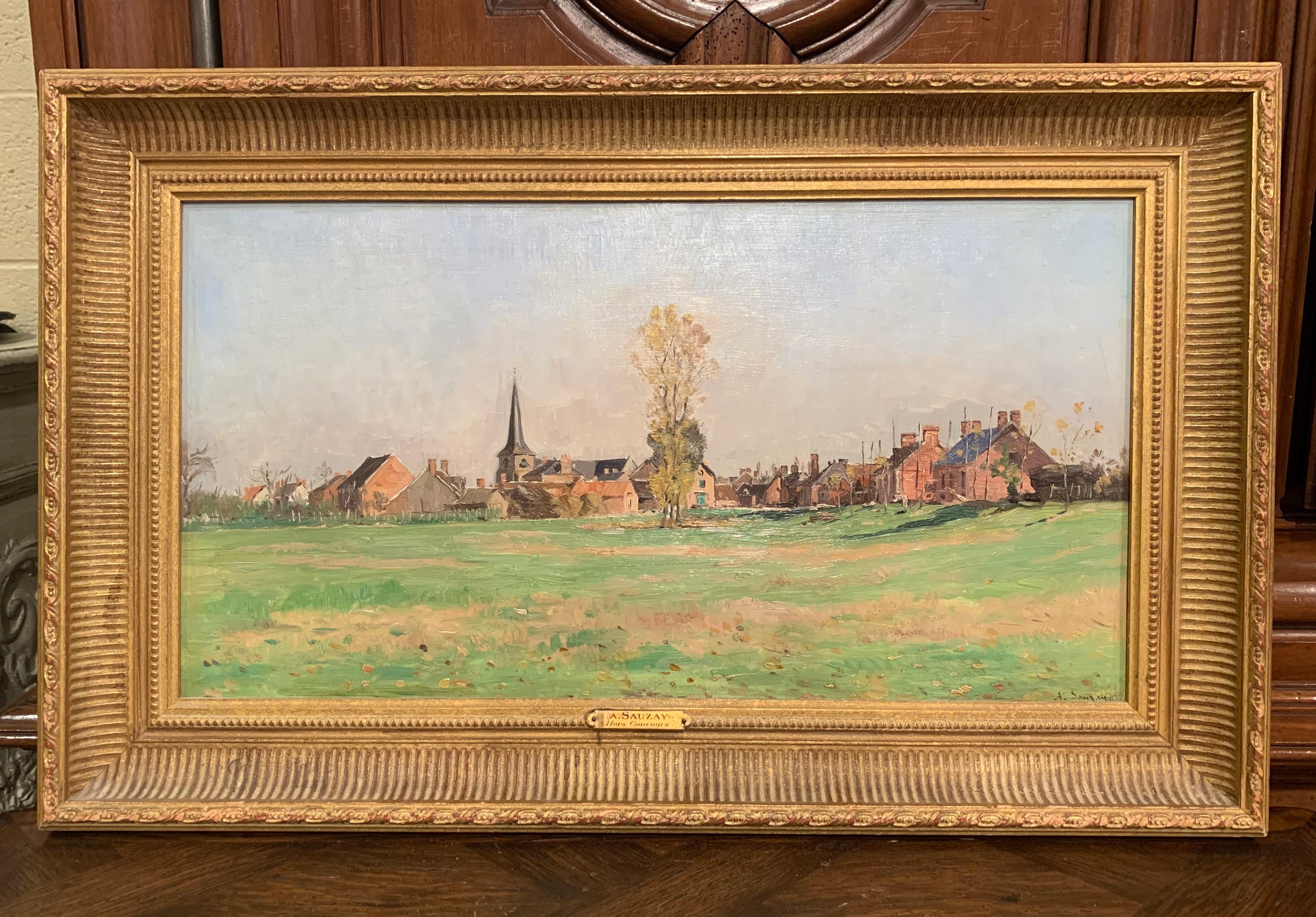 19th Century Oil on Board Landscape Painting in Gilt Frame Signed A. Sauzay In Excellent Condition In Dallas, TX