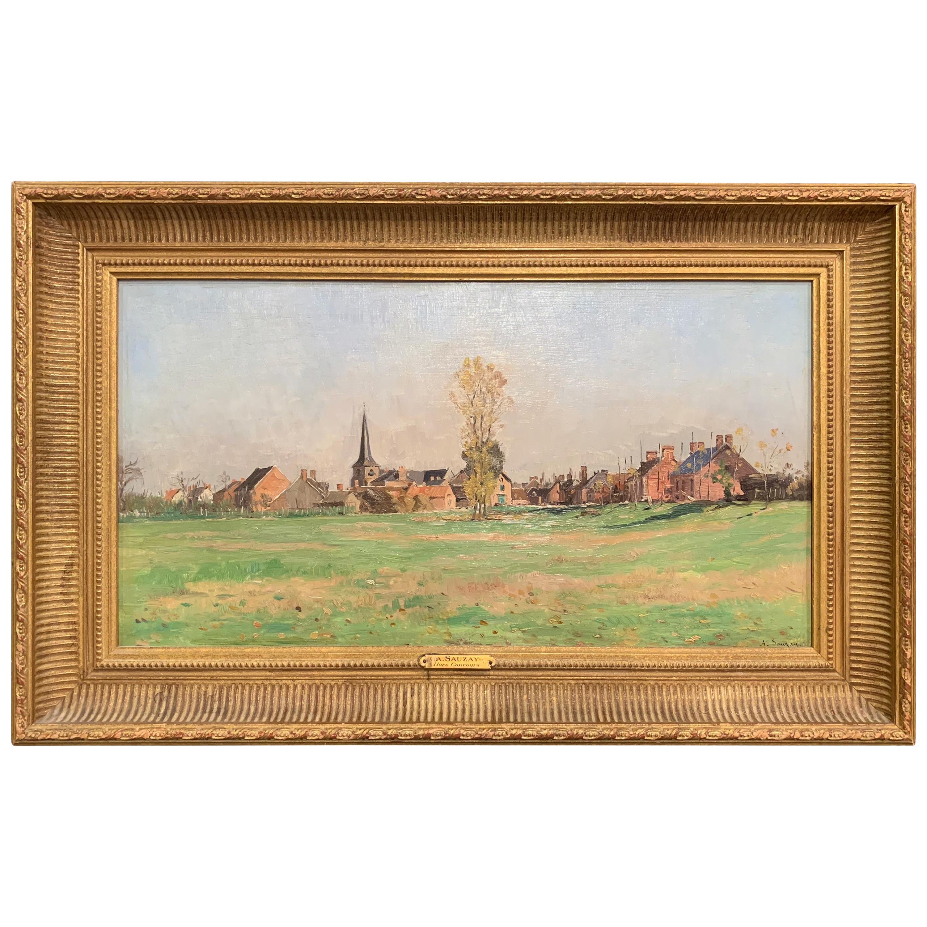 19th Century Oil on Board Landscape Painting in Gilt Frame Signed A. Sauzay