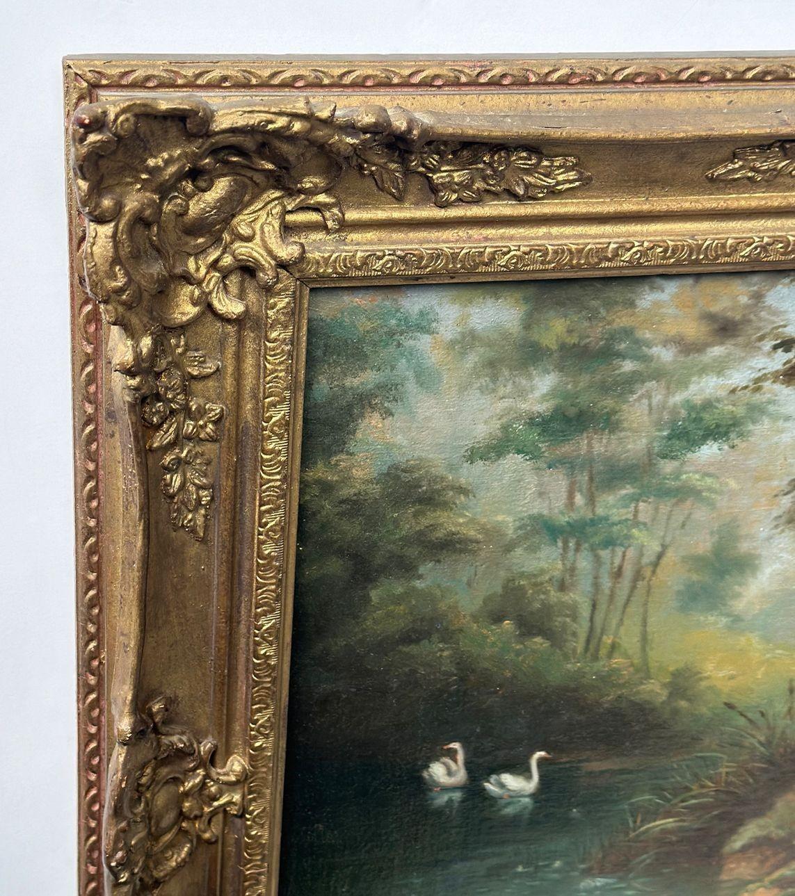 Alluring continental school oil on board painting by C. Schmidt, made in Germany in the 19th Century. The piece depicts a group of three young nude women bathing in a lake stream, and a pair of swans gracefully swimming in the back. The painting is