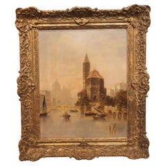 Antique 19th Century Oil on Board Painting The Adige River, Verona Italy