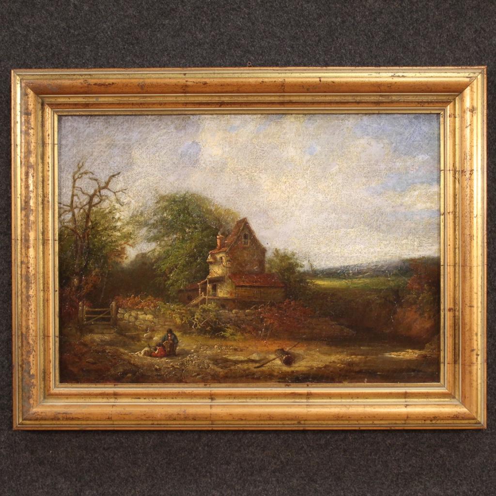 Antique American painting from the mid 19th century. Framework oil on canvas, on the first canvas, depicting a countryside landscape with a cottage and characters of good pictorial quality. Beautifully sized and pleasantly furnished painting with a