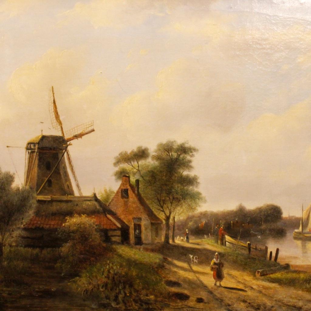 19th Century Oil on Canvas Antique Dutch Painting Landscape with Characters 7