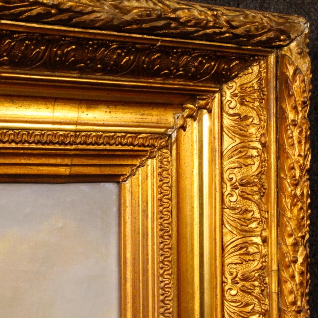 19th century Dutch painting. Framework oil on canvas depicting landscape with characters and mill of excellent pictorial quality, 20th century wood and plaster frame, richly carved and gilded. Framework of excellent proportion, for antique dealers,
