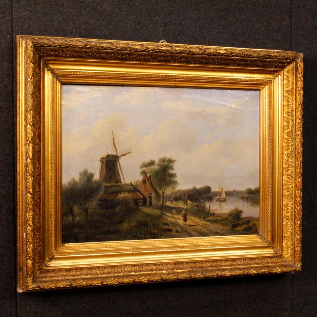 19th Century Oil on Canvas Antique Dutch Painting Landscape with Characters In Good Condition In Vicoforte, Piedmont