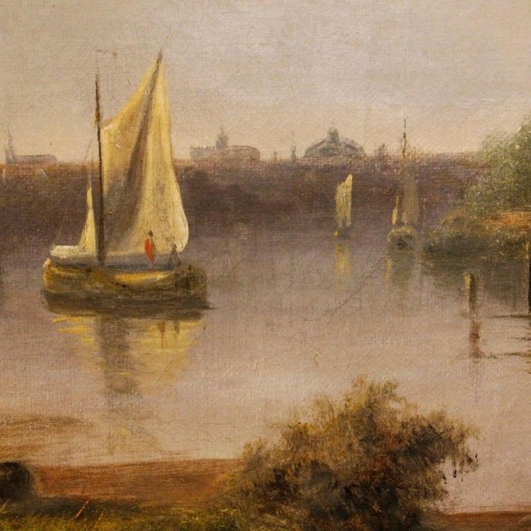 19th Century Oil on Canvas Antique Dutch Painting Landscape with