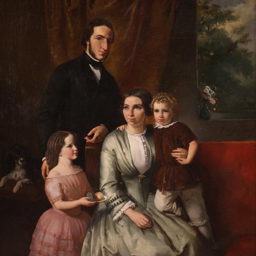 Siglo XIX Óleo sobre lienzo Pintura antigua holandesa firmada Retrato de familia, 1855 5
