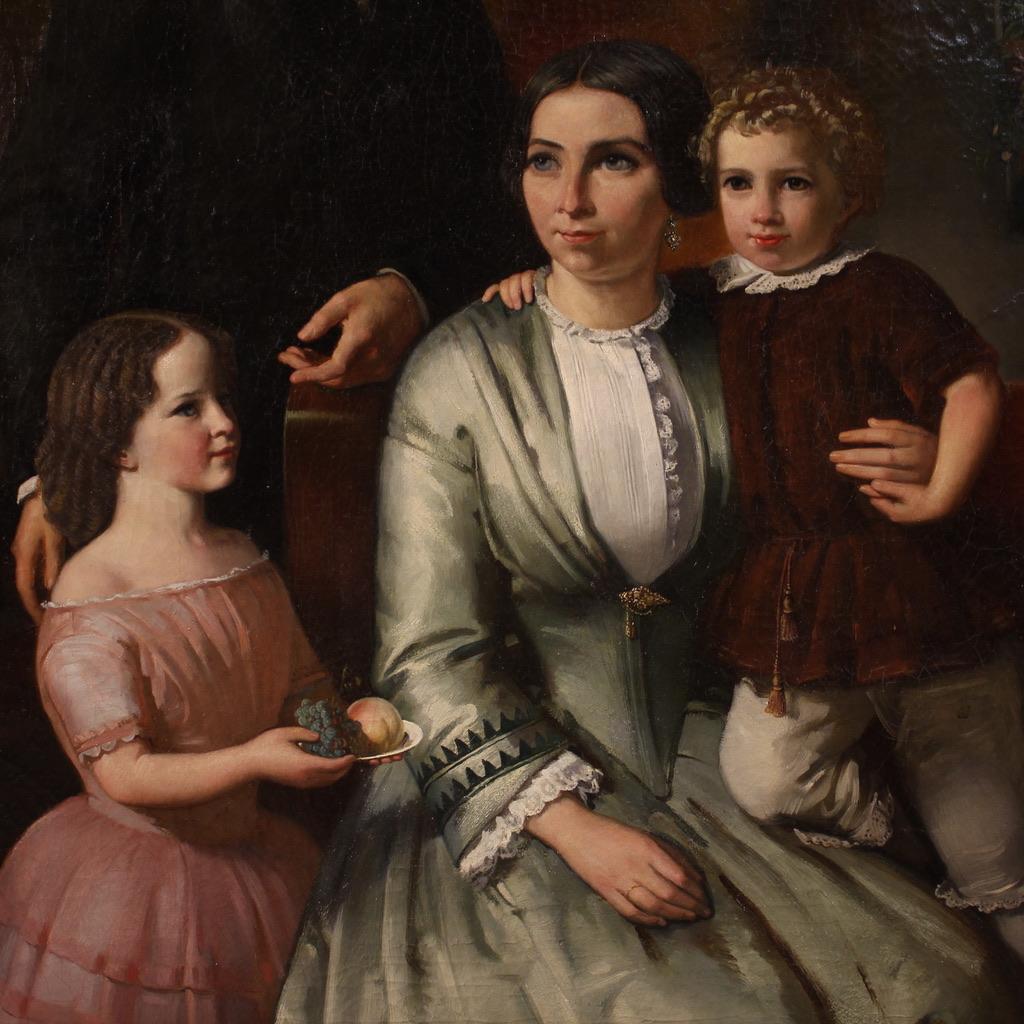 Siglo XIX Óleo sobre lienzo Pintura antigua holandesa firmada Retrato de familia, 1855 en Bueno Estado en Vicoforte, Piedmont