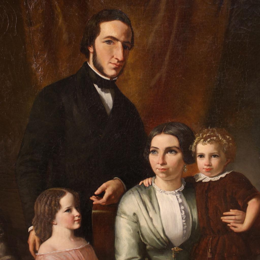 Siglo XIX Óleo sobre lienzo Pintura antigua holandesa firmada Retrato de familia, 1855 2
