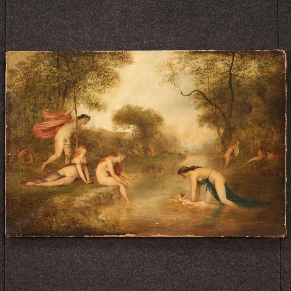 Antique English painting from the mid 19th century. Framework oil on canvas, on the first canvas, depicting bathing Nymphs of excellent pictorial quality. Good brightness and great dynamism framework signed in the lower left corner (see photo)