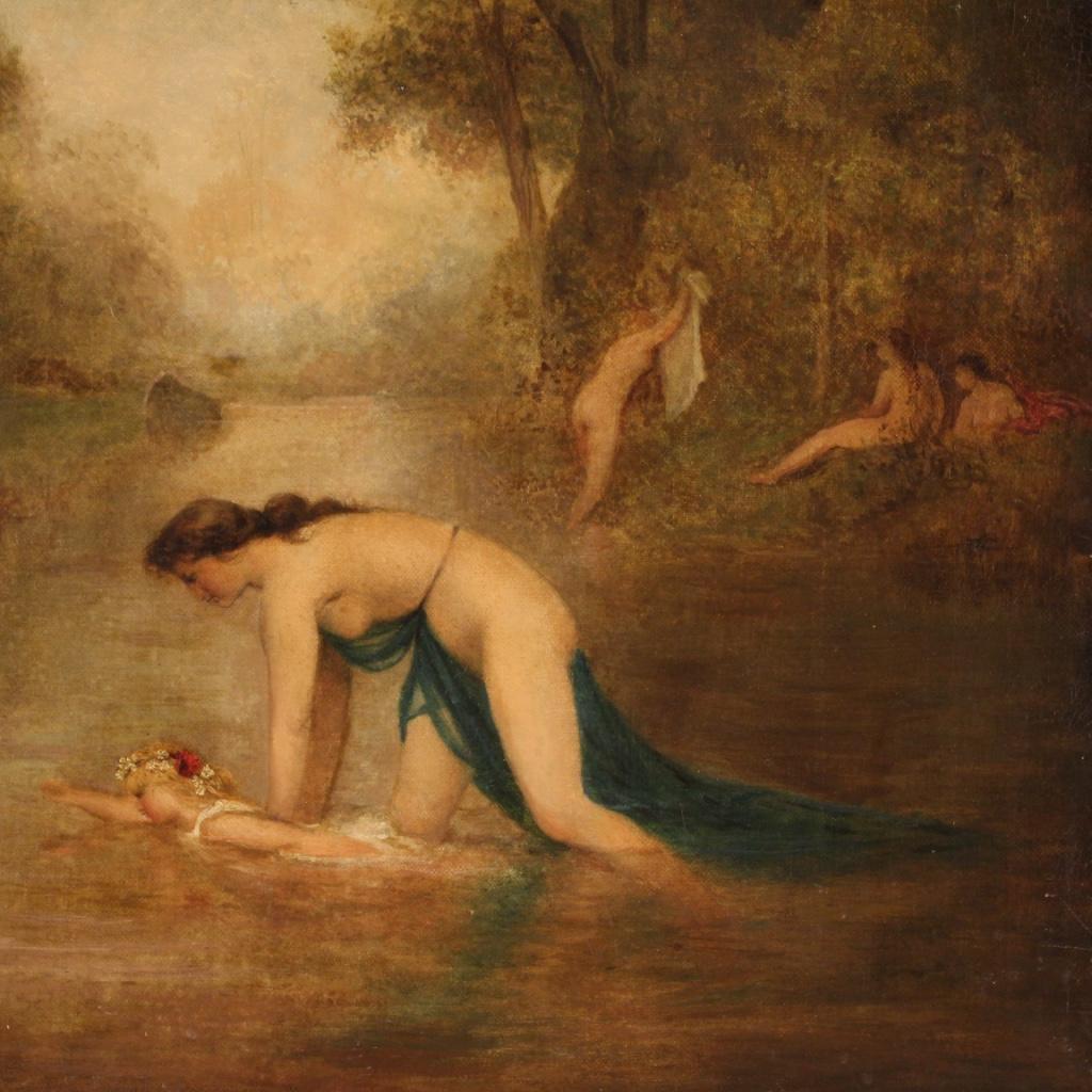 19th Century Oil on Canvas Antique English Bathing Nymphs Painting, 1860 In Fair Condition In Vicoforte, Piedmont