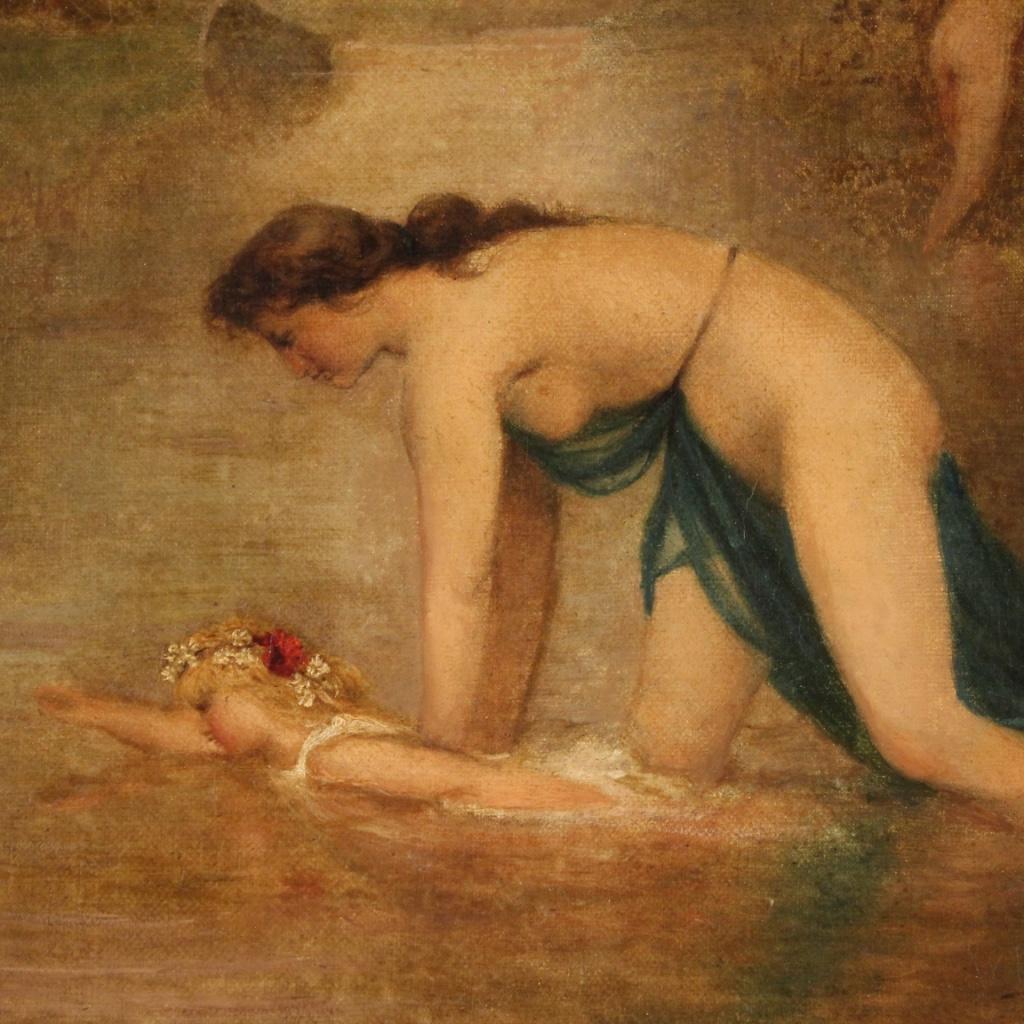 19th Century Oil on Canvas Antique English Bathing Nymphs Painting, 1860 4