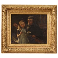 19th Century Oil On Canvas Antique Flemand Interior Scene Painting, 1870