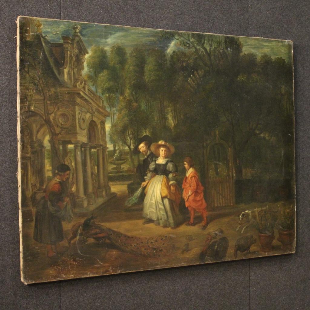 19th Century Oil on Canvas Antique Flemish Painting Landscape with Characters 3