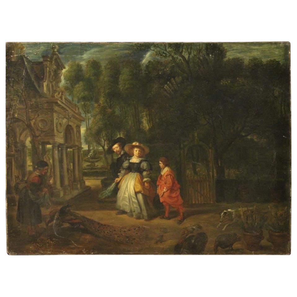 19th Century Oil on Canvas Antique Flemish Painting Landscape with Characters