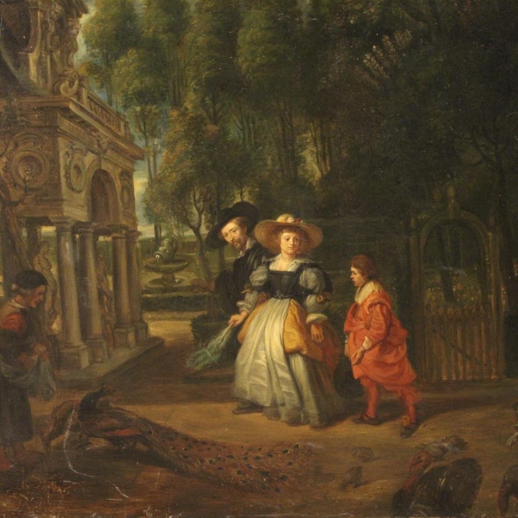 Great Flemish painting from 19th century. Oil painting on canvas, first canvas, depicting landscape with characters, animals and architectural caprice. Framework depicting a copy of the famous painting by Peter Paul Rubens from around 1630: Rubens