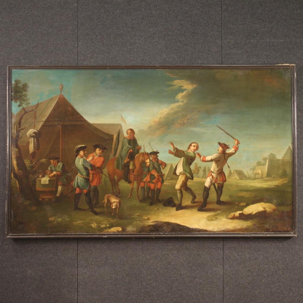 Antique French painting from the 19th century. Artwork oil on canvas, on the first canvas, depicting a view of a camp with soldiers and horses of good pictorial quality. A painting that develops horizontally, of great measure and dynamism, full of