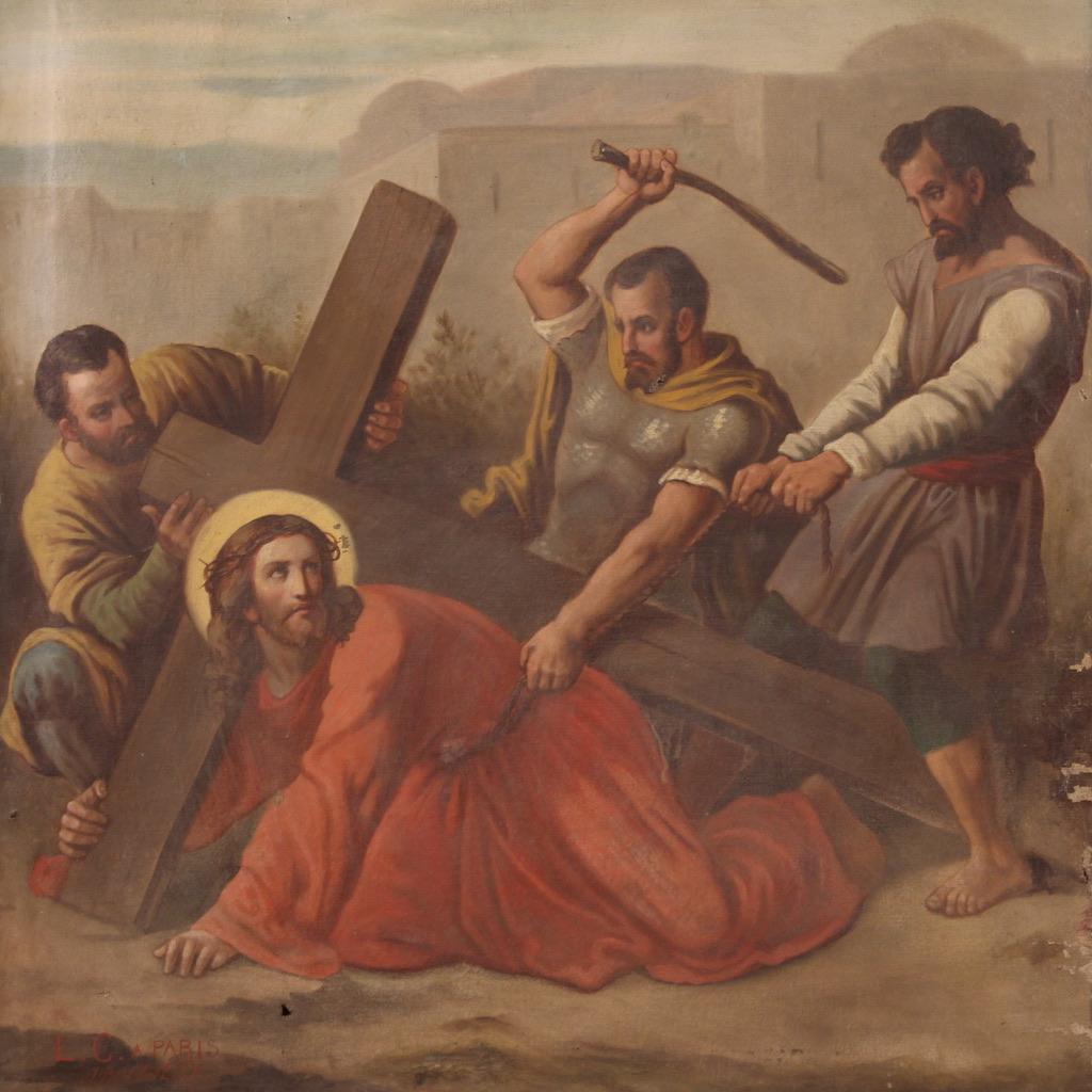 Antikes französisches religiöses Via Crucis-Gemälde, Öl auf Leinwand, 19. Jahrhundert, 1880 (Französisch)