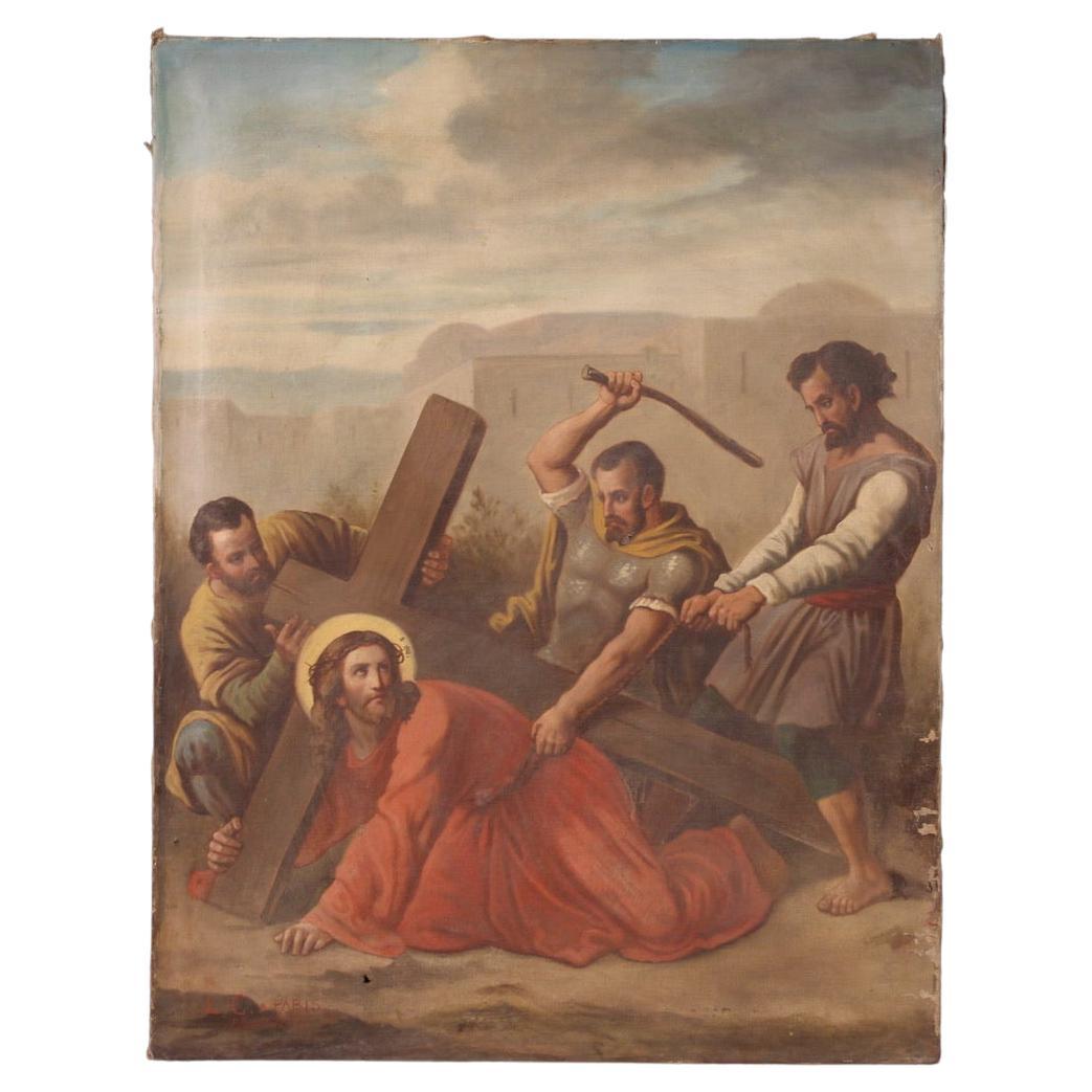 19th Century Oil on Canvas Antique French Religious Via Crucis Painting, 1880 For Sale